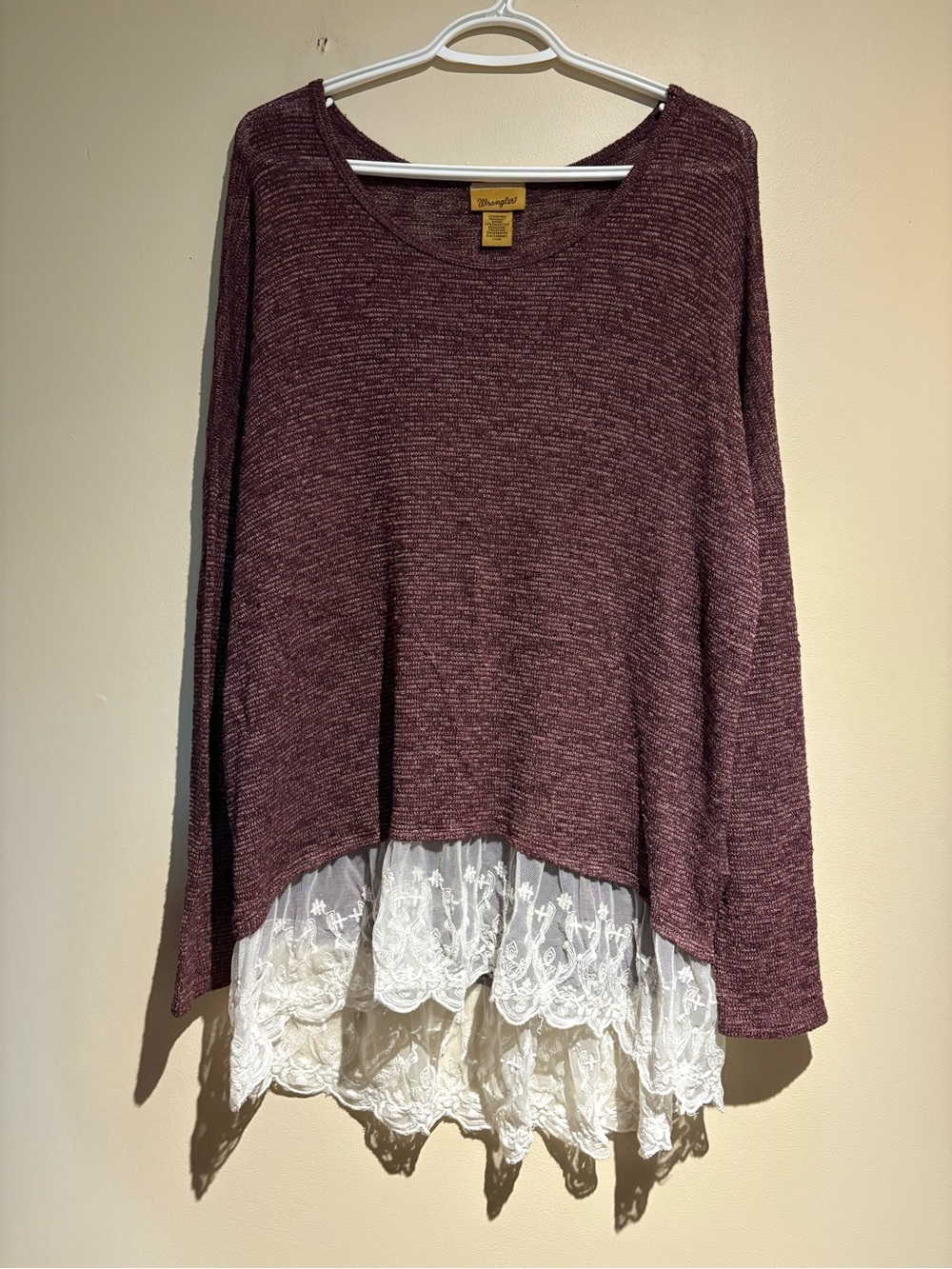 Wrangler Tunic Top Size L Wine Layered Lace Marled Knit Oversized Western Grunge